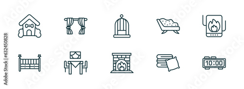 set of 10 linear icons from furniture & household concept. outline icons such as pet house, curtains, bird cage, fireplace, linens, table clock vector