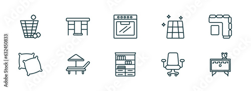 set of 10 linear icons from furniture & household concept. outline icons such as waste basket, gateleg table, oven, bookshelf, desk chair, night stand vector