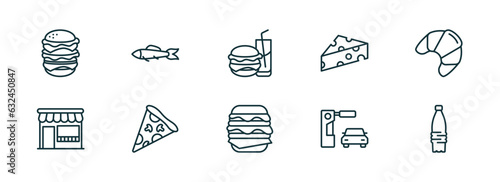 set of 10 linear icons from food concept. outline icons such as hamburger with bacoon, sardines, hamburger and drink, double burger, drive through, plastic water bottle vector