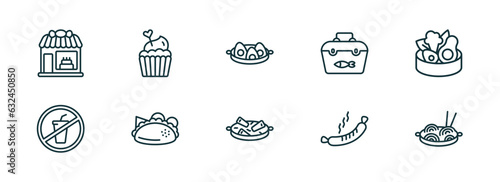 set of 10 linear icons from food concept. outline icons such as candy shop  romantic muffin  soy eggs  guotie  sausages  chow mein vector