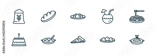 set of 10 linear icons from food concept. outline icons such as fodder, loaf of bread, yusheng, italian, mantou, fuqi feipian vector