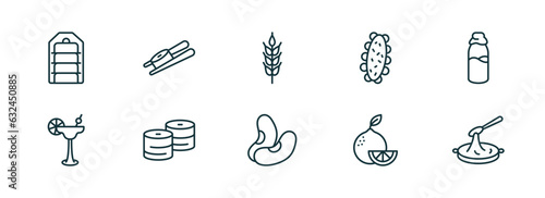 set of 10 linear icons from food and restaurant concept. outline icons such as tiffin, sushi and chopsticks, ear of wheat, bean, citrus fruits, black sesame soup vector