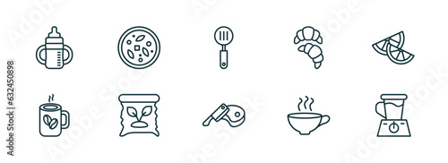 set of 10 linear icons from food concept. outline icons such as sippy cup, sour soup, slotted spoon, butcher, coffee cup with steam, blend vector