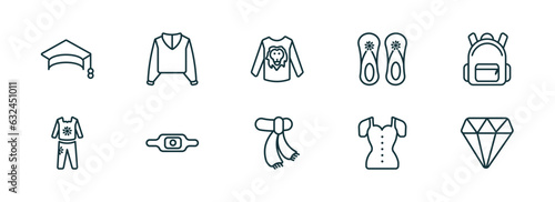 set of 10 linear icons from fashion concept. outline icons such as college graduation cap, sweater with hood, man printing, wool scarf, blouse with buttons, diamond vector