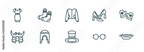set of 10 linear icons from fashion concept. outline icons such as dress with belt, pair of socks, sweater with pocket, cylinder hat, eyewear, belt pouch vector