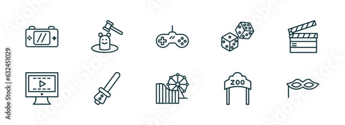 set of 10 linear icons from arcade concept. outline icons such as handheld game, whack a mole, super, amusement park, zoo, masquerade vector