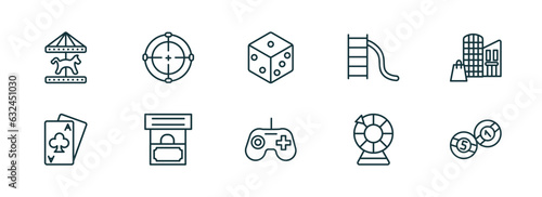 set of 10 linear icons from arcade concept. outline icons such as carousel horse, shooting game, dice, joystick, lottery game, billiards vector