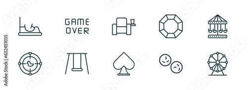 set of 10 linear icons from arcade concept. outline icons such as bumper car, game over, cinema seat, spades, pom pom, ferris wheel vector