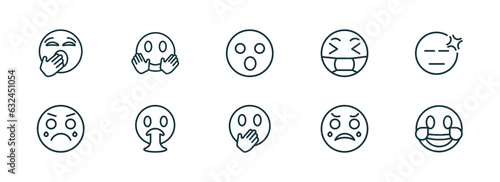 set of 10 linear icons from emoji concept. outline icons such as yawning emoji, hugging emoji, surprised hand over mouth crying laugh vector