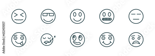 set of 10 linear icons from emoji concept. outline icons such as desperate emoji, cool emoji, imagine smile scared vector