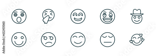 set of 10 linear icons from emoji concept. outline icons such as shocked emoji, sneezing emoji, drool blushing pensive in love vector