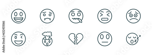 set of 10 linear icons from emoji concept. outline icons such as excited emoji, nauseated emoji, secret broken heart suspicious sleep vector