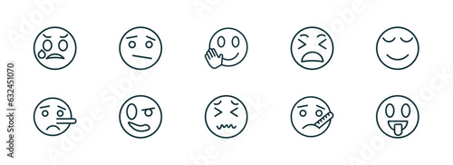 set of 10 linear icons from emoji concept. outline icons such as disappointed emoji, confused emoji, hello disgusted ill tongue vector