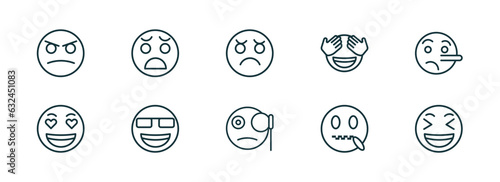 set of 10 linear icons from emoji concept. outline icons such as angry emoji  anguished emoji  annoyed monocle muted laughing vector