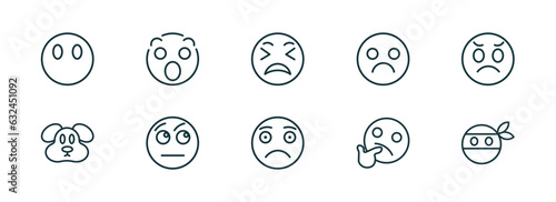 set of 10 linear icons from emoji concept. outline icons such as emoji without mouth, surprise emoji, exhausted slightly frowning wondering ninja vector