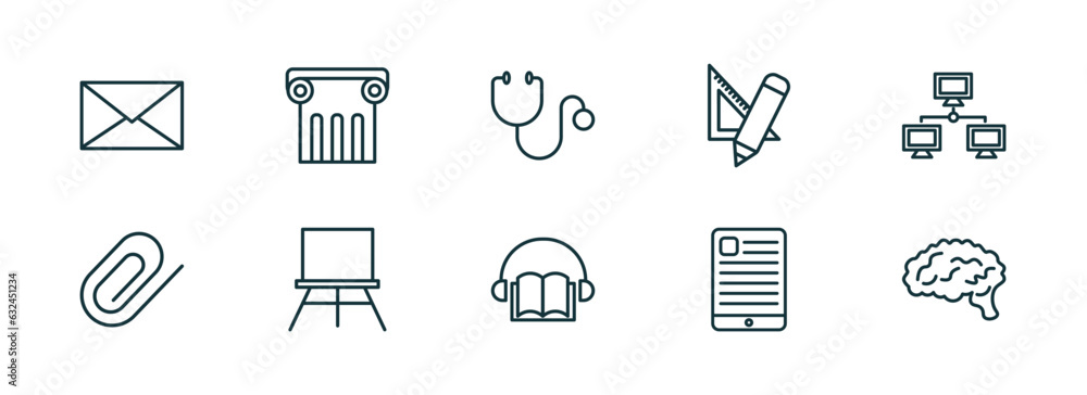 set of 10 linear icons from education concept. outline icons such as closed envelope, greek pillar, cardiology tool, audio book, tactile tablet, human brain vector set of 10 linear icons from education concept. outline icons such as closed envelope, greek pillar, cardiology tool, audio book, tactile tablet, human brain vector