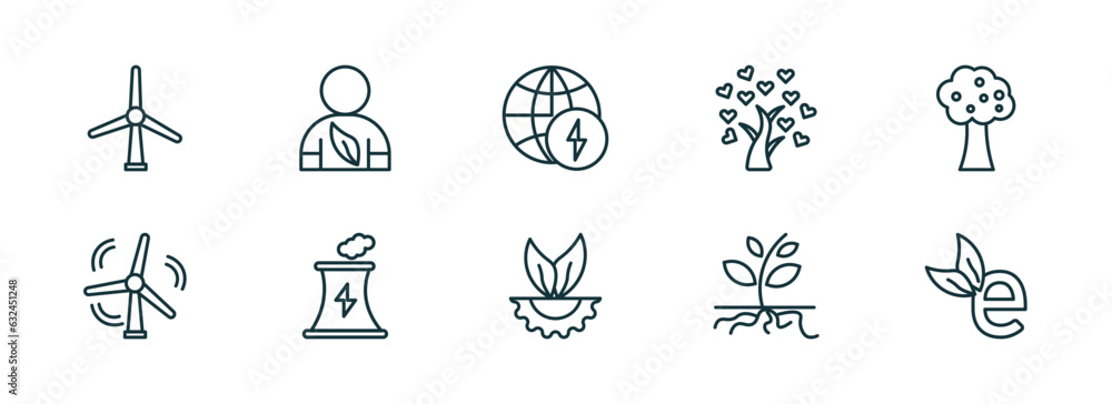 set of 10 linear icons from ecology concept. outline icons such as wind mill, eco volunteer, energy globe, eco industry, plant and root, eco e vector