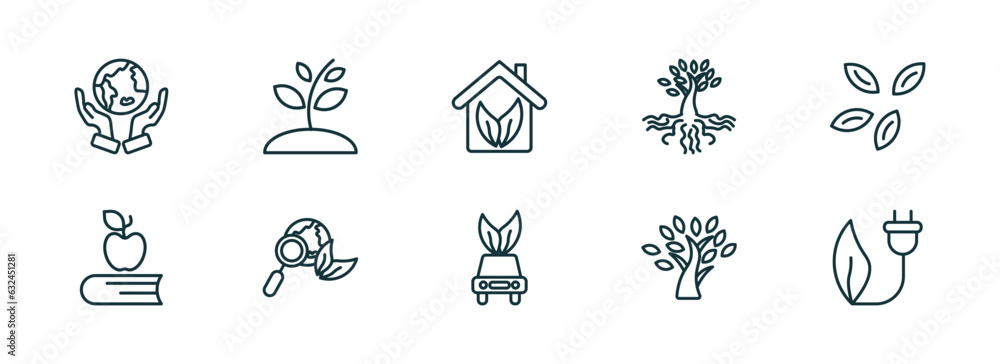 set of 10 linear icons from ecology concept. outline icons such as save the earth, growing plant, eco house, eco car, tree with many leaves, eco power vector