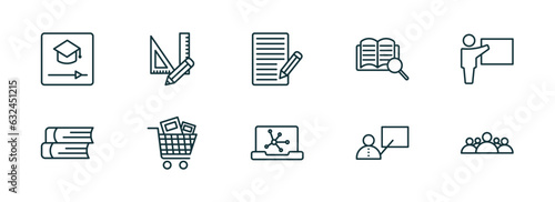 set of 10 linear icons from education concept. outline icons such as educational video, measuring tools, application form, science in a laptop, teacher with stick, group of people vector