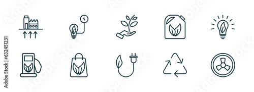set of 10 linear icons from ecology concept. outline icons such as geothermal energy, eco light, plant a tree, eco plug, recycle, nuclear energy vector