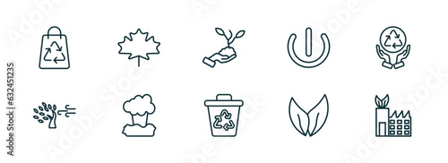 set of 10 linear icons from ecology concept. outline icons such as recycled bag, m leaf, plant on a hand, recycle bin, two leaves, eco factory vector