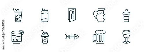 set of 10 linear icons from drinks concept. outline icons such as cuba libre, soda can, wine list, fish skeleton, pint of beer, brandy glass vector