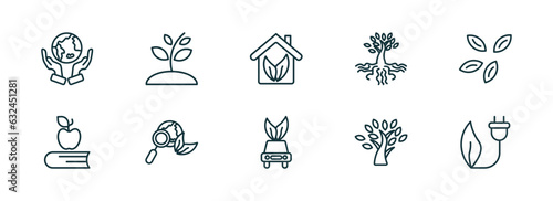 set of 10 linear icons from ecology concept. outline icons such as save the earth, growing plant, eco house, eco car, tree with many leaves, eco power vector