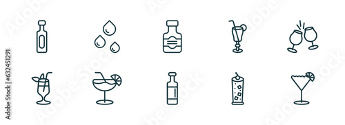 set of 10 linear icons from drinks concept. outline icons such as vodka, drip, whiskey, wine bottles, tom collins, sidecar drink vector