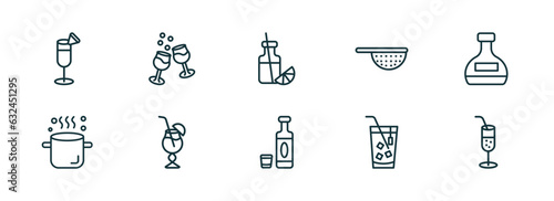 set of 10 linear icons from drinks concept. outline icons such as pisco sour, glasses with wine, juice bottle, alcohol, ice tea, ramos gin fizz vector