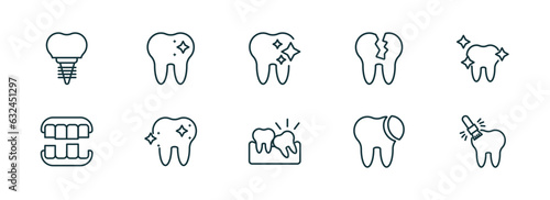 set of 10 linear icons from dentist concept. outline icons such as dental prosthesis, dentist, tooth whitening, wisdom tooth, tooth filling, sealants vector