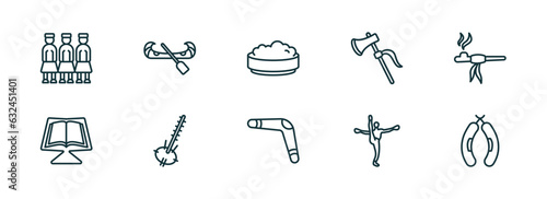 set of 10 linear icons from culture concept. outline icons such as army, native american canoe, rice pudding, australian boomerang, capoeira brazil dancers, chorizo vector