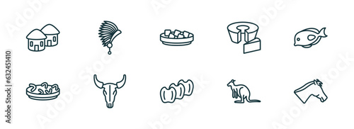 set of 10 linear icons from culture concept. outline icons such as indian village, indian headdress, beef and garlic, ajotomate, australian kangaroo, horse head vector