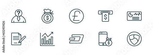 set of 10 linear icons from cryptocurrency concept. outline icons such as anonymity, income, pound sterling, dash, e-business, nem vector