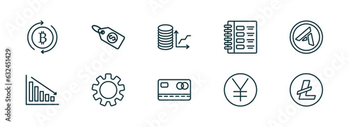 set of 10 linear icons from cryptocurrency concept. outline icons such as currency circulate, dollar tag, budget diagram, card, yen, vector