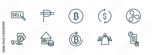 set of 10 linear icons from cryptocurrency concept. outline icons such as sell, peso, bitcoin, crypto invest, meeting, budget accounting vector