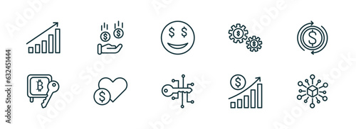 set of 10 linear icons from cryptocurrency concept. outline icons such as stocks, banking, greed, crypto key, profit, decentralized vector
