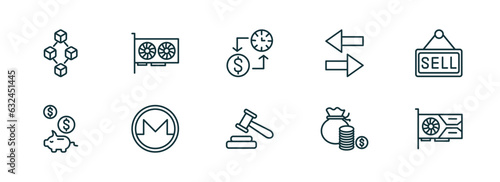 Fototapeta Naklejka Na Ścianę i Meble -  set of 10 linear icons from cryptocurrency concept. outline icons such as blokchain block, video card, proof of capacity, auction hammer, funds, vga card vector