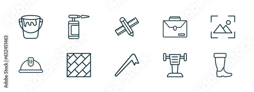 set of 10 linear icons from construction tools concept. outline icons such as open paint bucket, blowtorch, pencil and ruler, crowbar, rammer, rubber boots vector