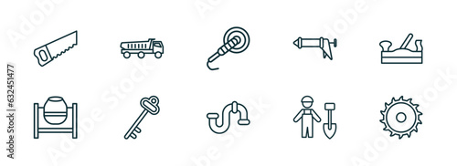 set of 10 linear icons from construction tools concept. outline icons such as carpenter saw, dumper, polishers, plumbing, working shovel, blade saw vector