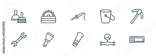 set of 10 linear icons from construction and tools concept. outline icons such as dustpan and brush, carpenter cutter, iron soldering, wedge tool, gas pipe, metal saw vector