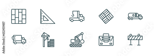set of 10 linear icons from construction concept. outline icons such as paving, angle ruler, crane truck, derrick with ball, tool bag, road barrier vector
