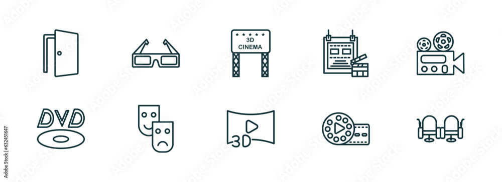 set of 10 linear icons from cinema concept. outline icons such as doorway, 3d glass, movie billboard, 3d video, film reel playing, cinema seats vector set of 10 linear icons from cinema concept. outline icons such as doorway, 3d glass, movie billboard, 3d video, film reel playing, cinema seats vector