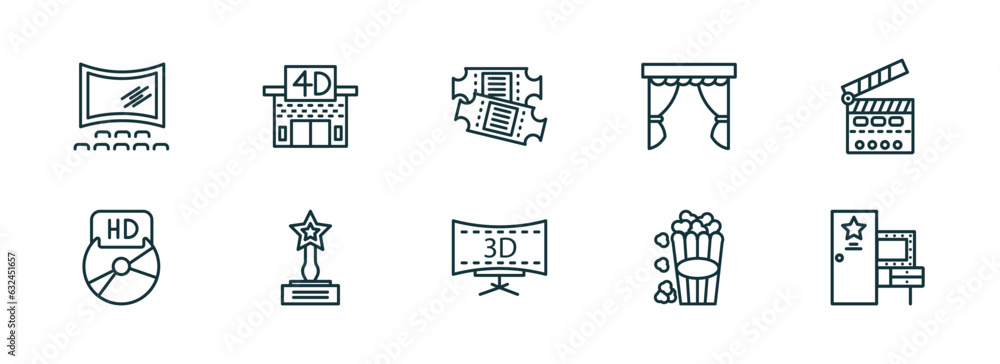 set of 10 linear icons from cinema concept. outline icons such as theatre screen, movie theater, theater ticket, 3 dimension screen, popcorn box, dressing room vector set of 10 linear icons from cinema concept. outline icons such as theatre screen, movie theater, theater ticket, 3 dimension screen, popcorn box, dressing room vector