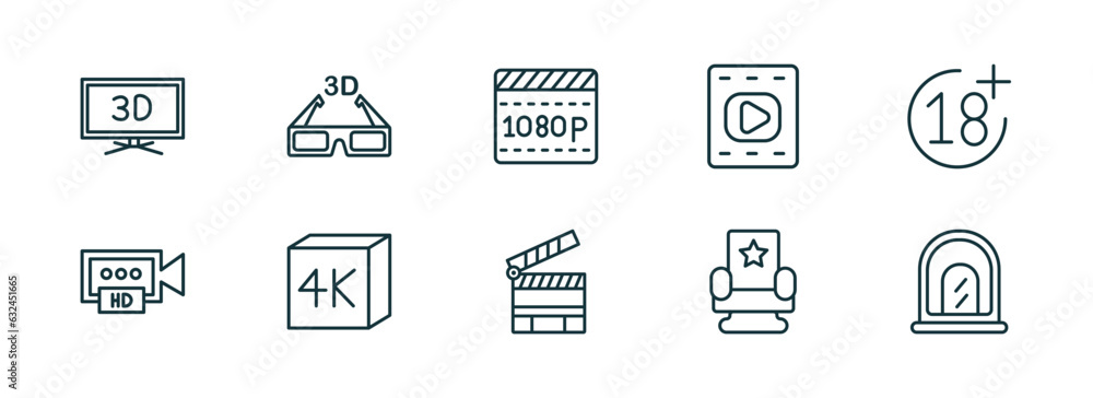 set of 10 linear icons from cinema concept. outline icons such as 3d television, 3d movie, 1080p full hd, cinema clapperboard, cinema chair, ticket window vector set of 10 linear icons from cinema concept. outline icons such as 3d television, 3d movie, 1080p full hd, cinema clapperboard, cinema chair, ticket window vector
