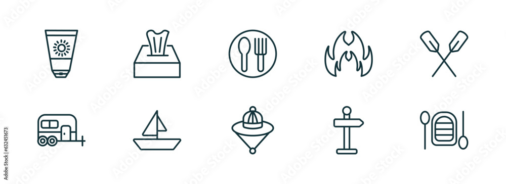 set of 10 linear icons from camping concept. outline icons such as sun lotion, tissue, canteen, explorer hat, direction, inflatable boat vector