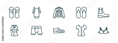 set of 10 linear icons from clothes collection. concept. outline icons such as sandals, long sleeveless dress, denim shirt, leather derby shoe, blouse, bra vector