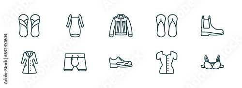 set of 10 linear icons from clothes collection. concept. outline icons such as sandals  long sleeveless dress  denim shirt  leather derby shoe  blouse  bra vector