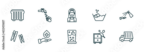 set of 10 linear icons from cleaning concept. outline icons such as dumpster, hands cleanin, charwoman, emulsion, dusting, garbage truck cleanin vector