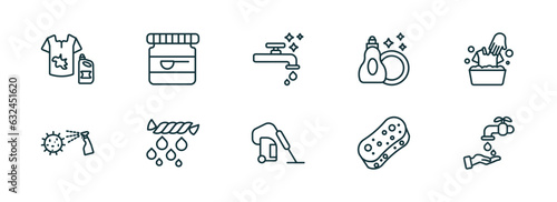 set of 10 linear icons from cleaning concept. outline icons such as stain remover, baking soda, faucet cleanin, hoover, sponges, hand wash vector