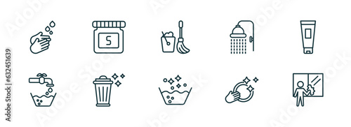 set of 10 linear icons from cleaning concept. outline icons such as washing hand, solvent, mop, soak, washing dishes, window cleaner vector